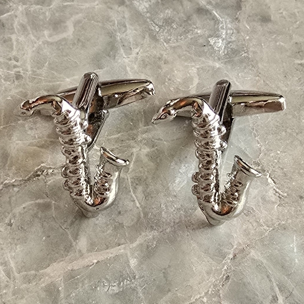 Vintage saxophone‎ cufflinks sax music saxophonist silver tone 1990